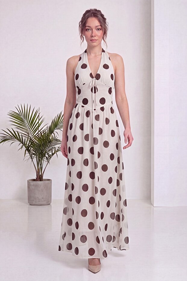 Women's Polka Dot Halter Neck V-Neck Maxi Length Woven Dress Ecru