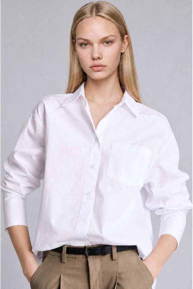 100% Cotton Oversized Poplin Long Sleeve White Shirt T8735Az26Au