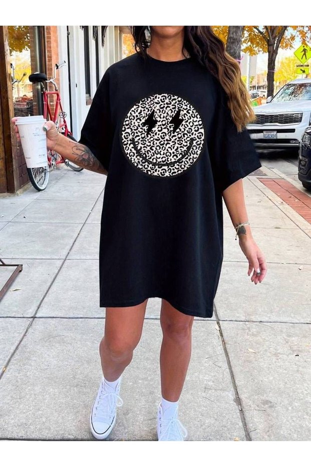 Black Women's Oversize Cut Printed Long Tunic - Crew Neck