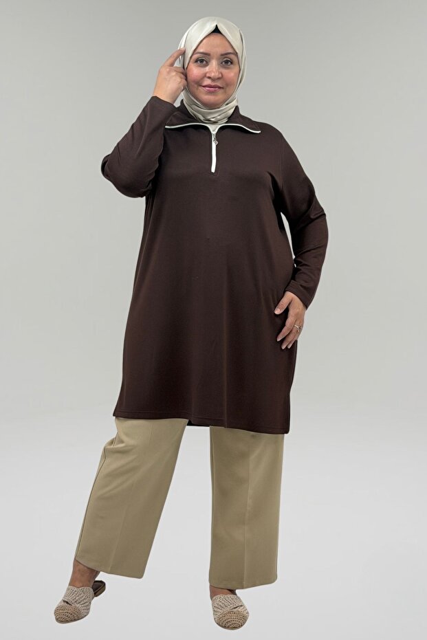 68057 Plus Size Half Zip Modal Tunic - Brown