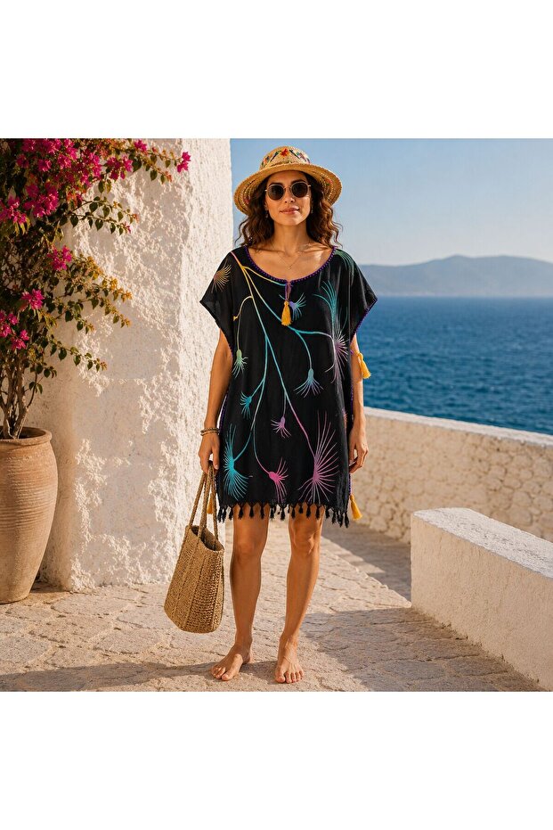 Par-13034 Black Color Dandelion Patterned Şile Fabric Beach Dress & Pareo | Eos Collective