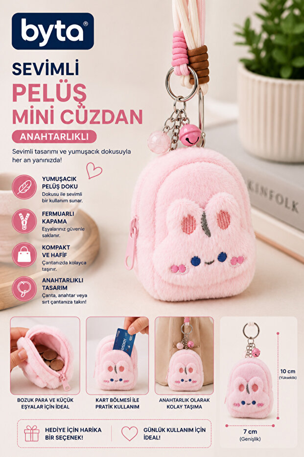 Plush Rabbit Mini Wallet Keychain – Zippered Coin Purse, Card Holder, and Bag Accessory