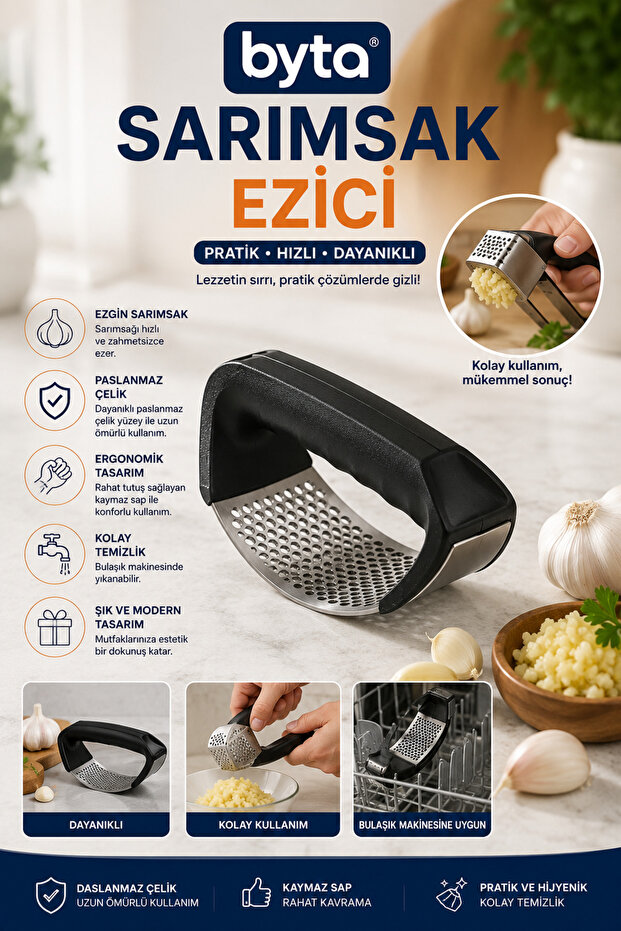 Stainless Steel Garlic Crusher – Ergonomic Handheld Garlic Press, Easy to Clean