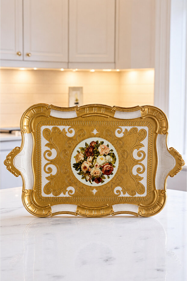 Stylish Hand-Embroidered Rosewood Model Tea and Coffee Presentation Tray with Handle 51 X 33 cm