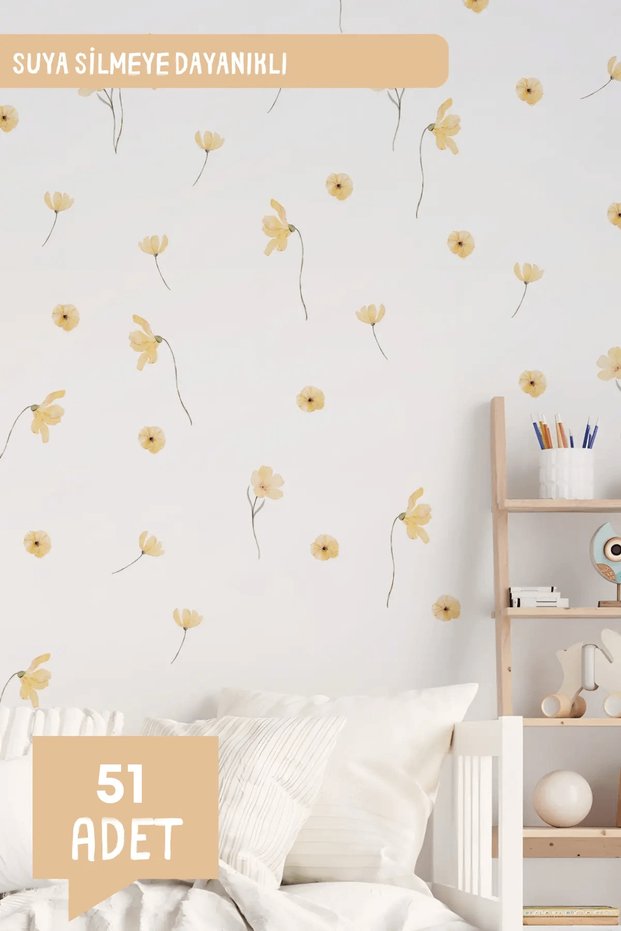 Yellow Spring Flowers Themed Leaves and Flowers Children's Room Wall Sticker Set 51 Pieces