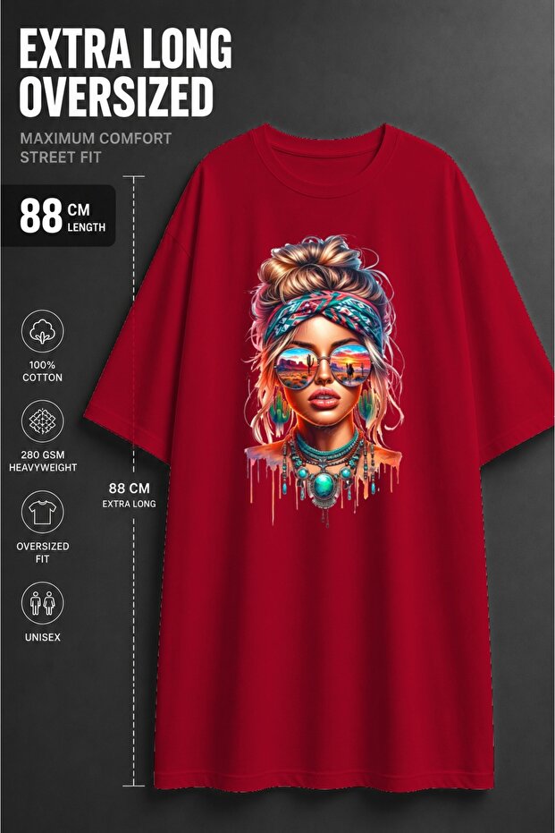 Unisex Extra Long Oversized Women's Printed T-Shirt with Desert Reflective Glasses