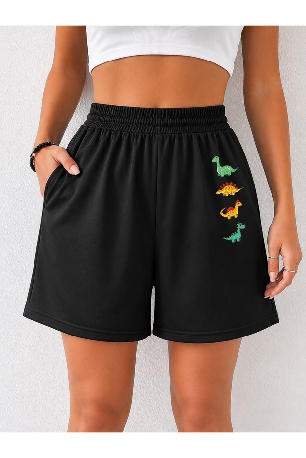 Women's Black Dinosaur Print Sports Shorts with Pockets, Elastic Waist, Relaxed Fit, Casual and Fitness Shorts