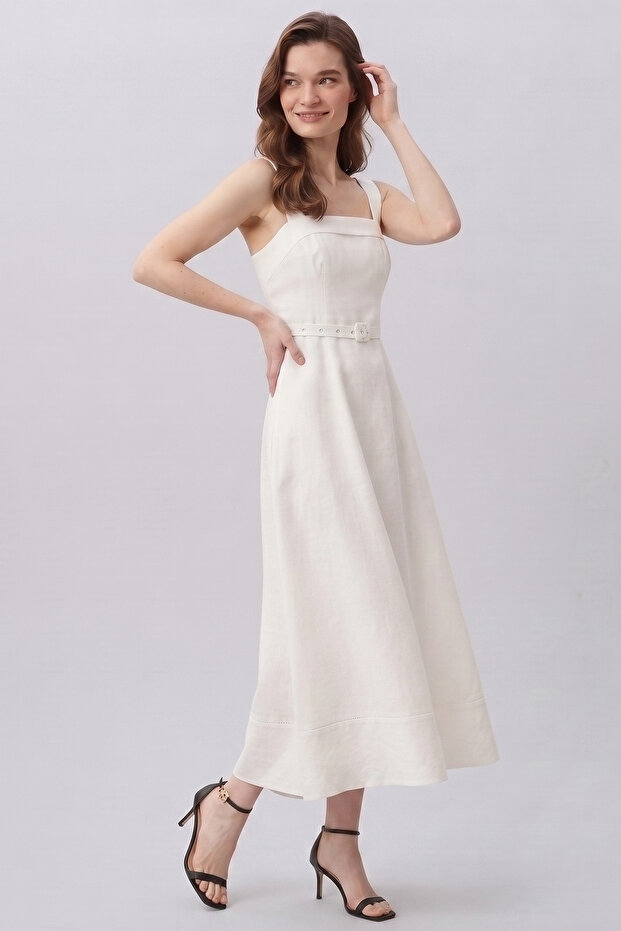 Square Neck A-Form Belt Detailed Linen Summer Dress