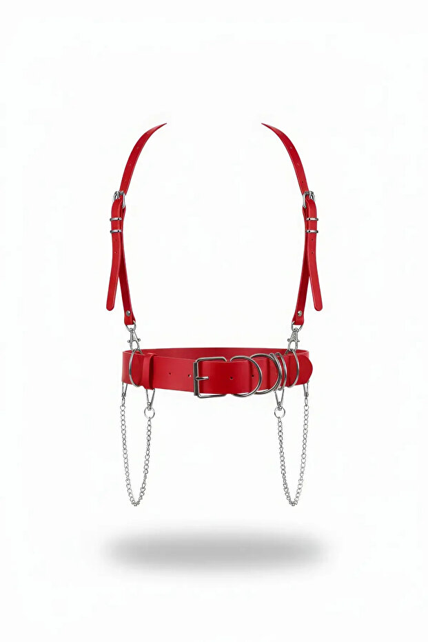 Red Women's Belt with Thick Chain Detail and Ring Buckle Waist Accessory