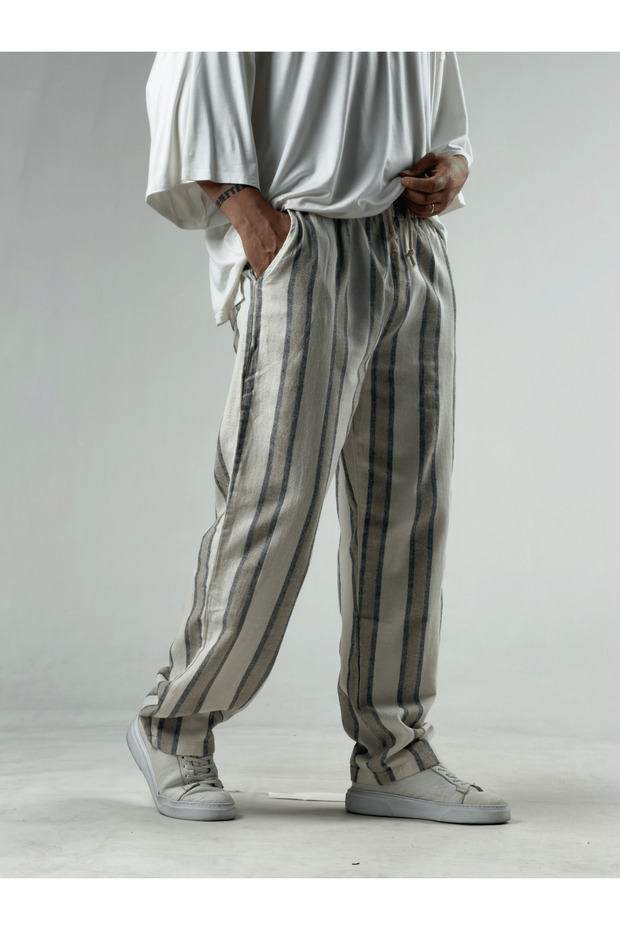 Striped Beige Linen Men's Baggy Trousers Coc3290