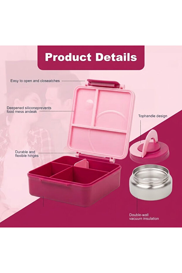 Kids Duo Meal Box Set -Multi-Compartment Lunch Box with Built-In Hot/Cold Flask and Removable Stainless Steel Compartment Lunch Box 900ml -Pink
