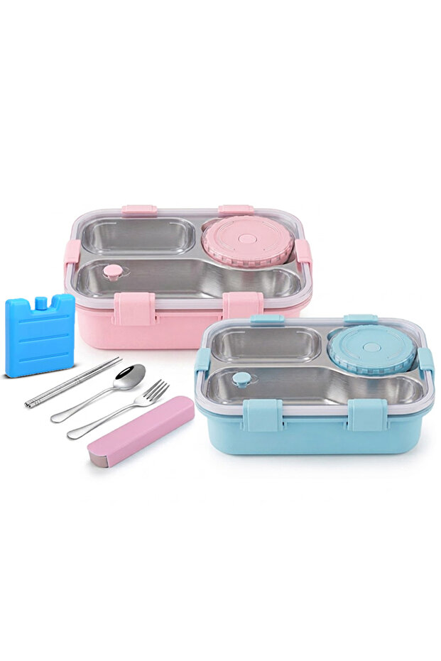4-Piece Kids School Lunch Combo – 2 Stainless Steel Multi-Compartment Bento Boxes, Reusable Utensil Set & Reusable Ice Pack (Pink & Blue Combo)