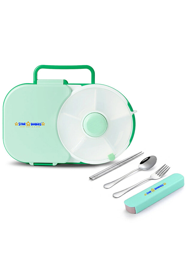 Multi-Compartment Spinner Lunch Box and Portable Stainless Steel Spoon, Fork, and Chopstick Utensil Combo