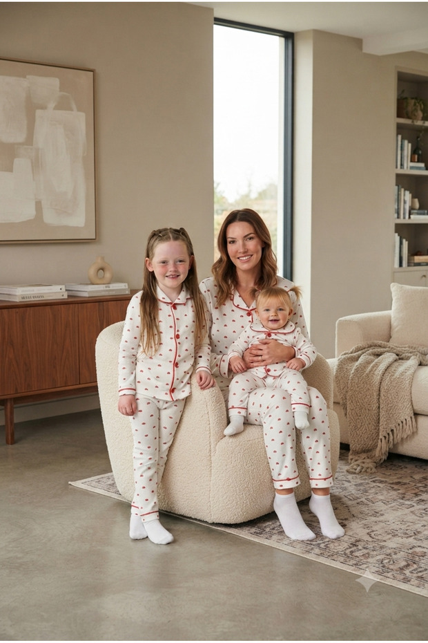 Mother-Daughter Heart Patterned Red Piping Buttoned 100% Cotton Family Pajama Set (Mother and Child Sold Separately - Price Is for One Item)