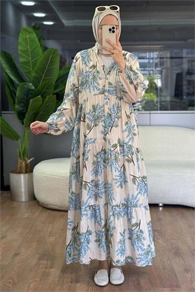 Women's Blue Judge Collar Buttoned Viscose Floral Patterned Hijab Dress Nms099