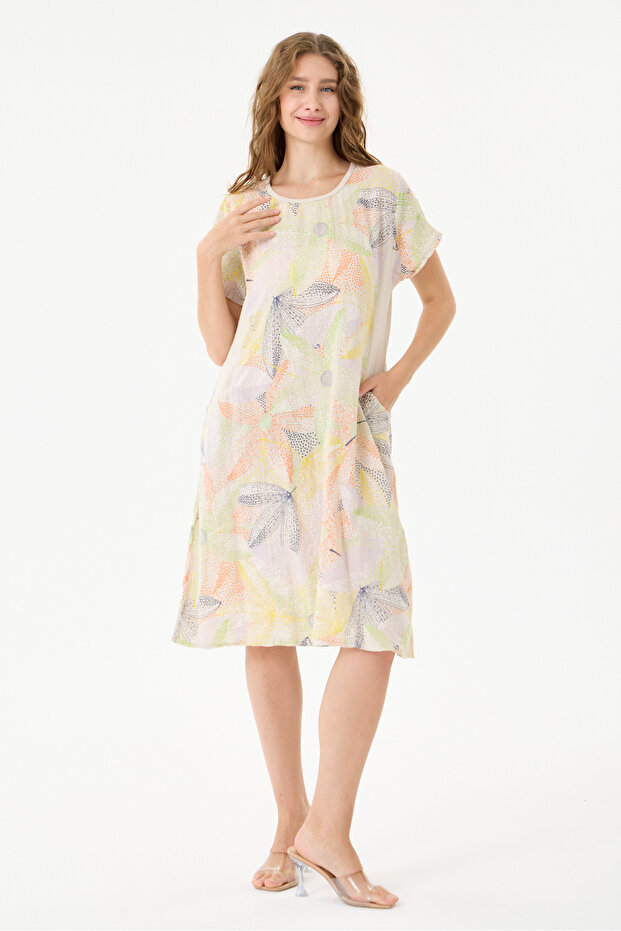 Beige Italian Floral Patterned Double Side Pocket Dress 38 - 44 Size