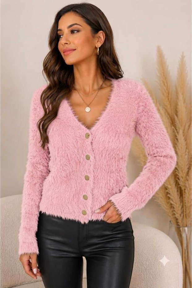 Women's V-Neck Soft Textured Knitwear Cardigan Gold Buttoned Soft Textured Long Sleeve Stylish Casual Cardigan