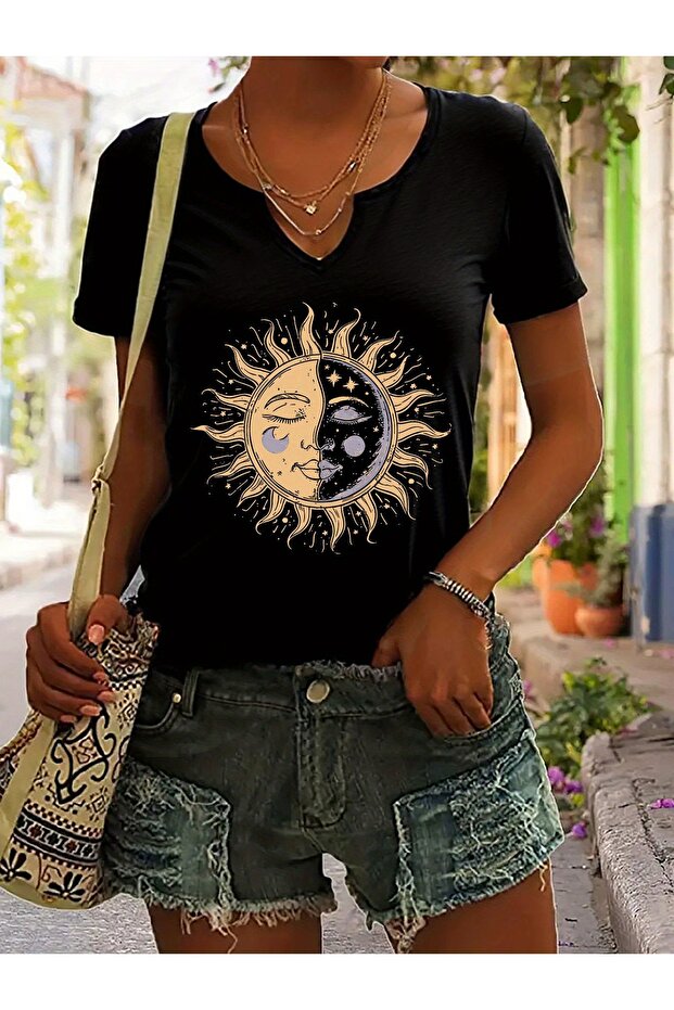 Women's Mix Printed Half V-Neck Sleeves Regular Fit Comfortable T-Shirt
