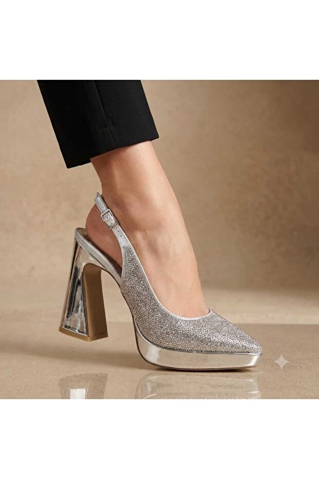 Mi̇lano 1280 Women's Stone-Embellished Platform Heeled Shoes (12 cm Heel Length)