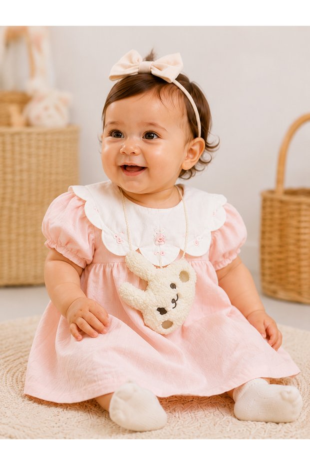 Baby Girl Rabbit Embroidered Dress and Plush Rabbit Bag Set - 6 Months / 9 Months / 12 Months