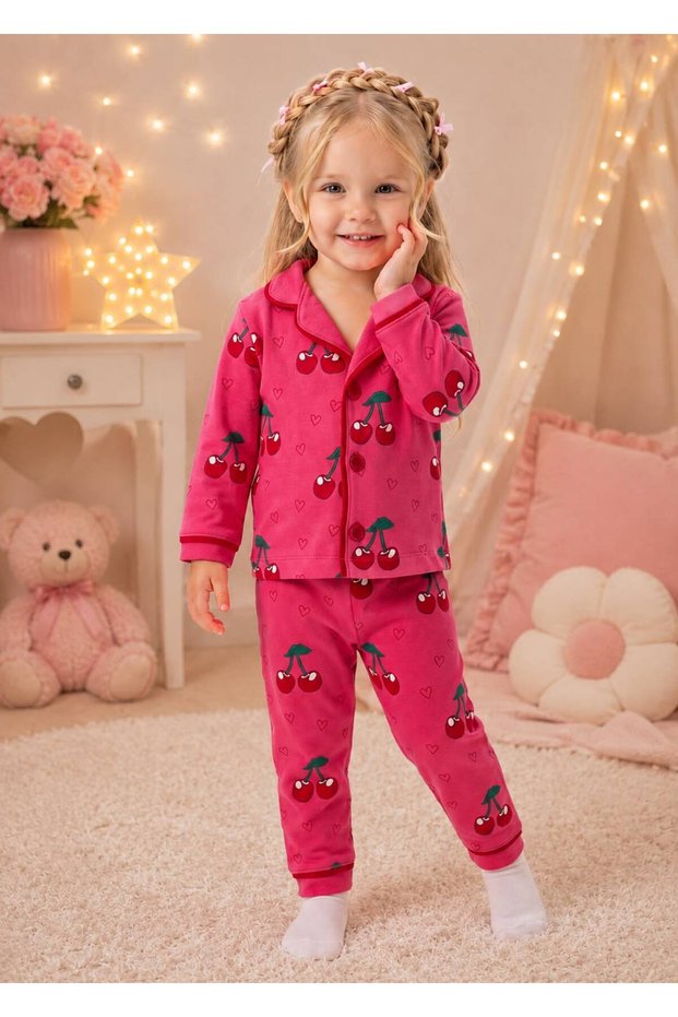 100% Cotton Long Sleeve Buttoned Seasonal Cherry Patterned Soft Textured Bottom and Top Baby Girl Pajama Set