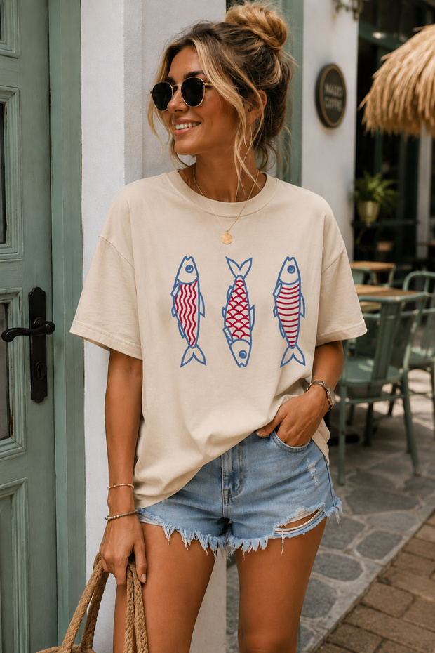 Three Fishes Printed Crew Neck Casual Unisex Oversize T-Shirt - Cotton Casual T-Shirt