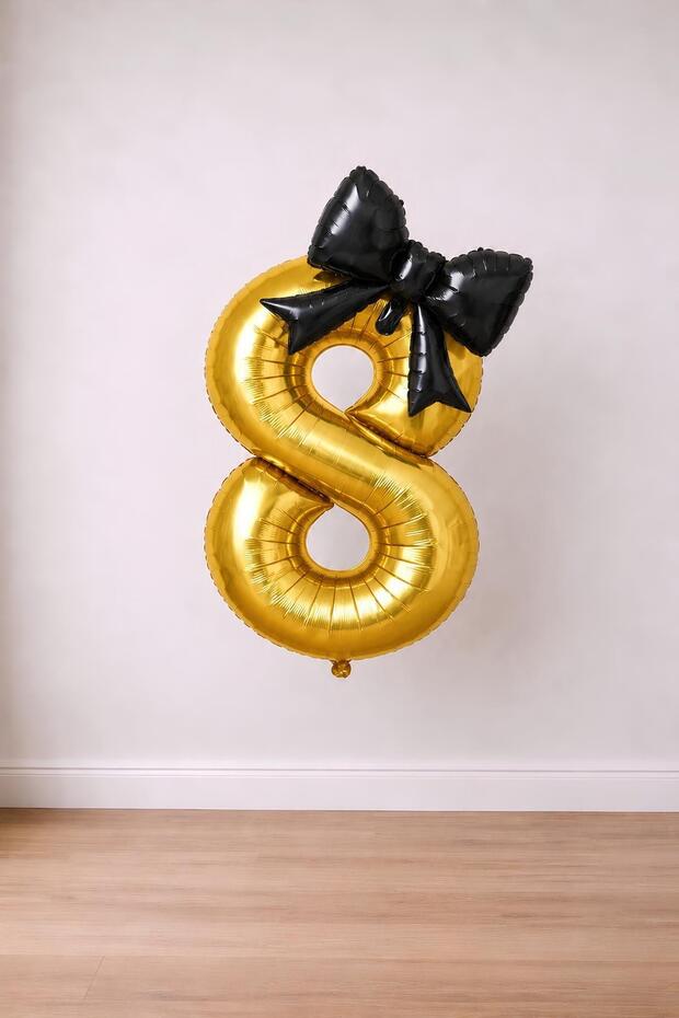 Black Bow & Gold 8 Number Foil Balloon Set