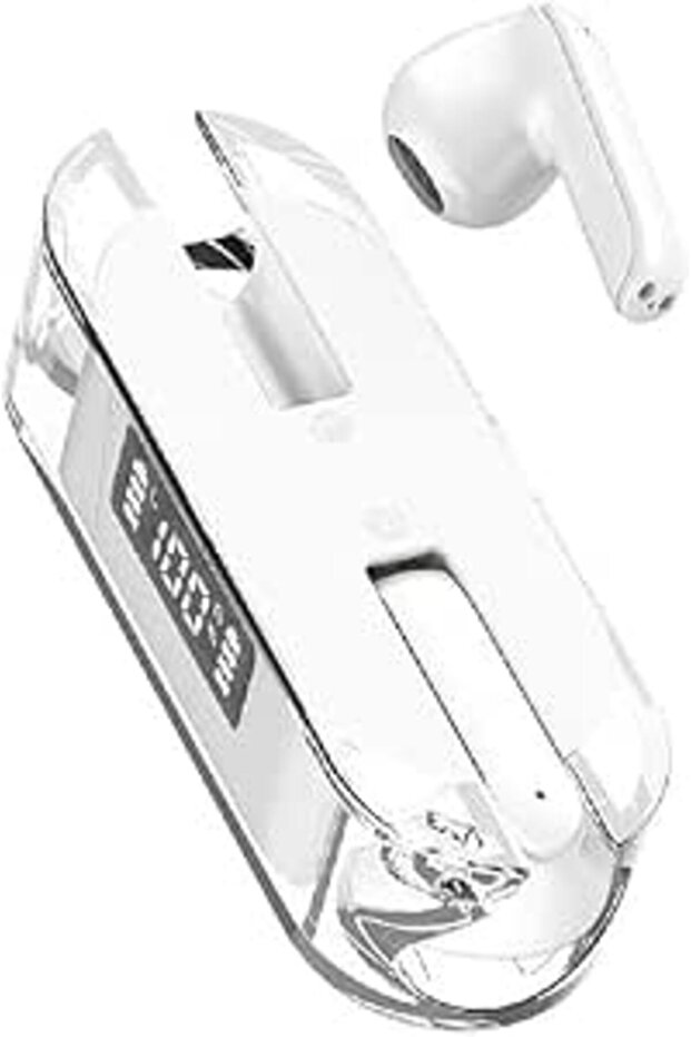 True Wireless Bluetooth Earbuds with LED Display Charging Case, Transparent Design, Sweatproof TWS Headset