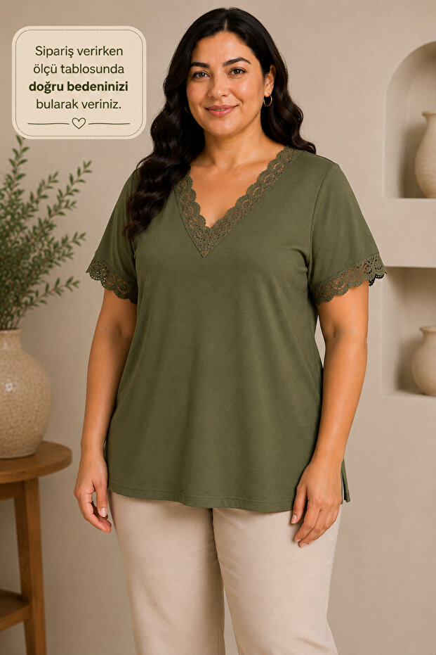 Women's Plus Size Lapel Sleeve Lace V-Neck Blouse