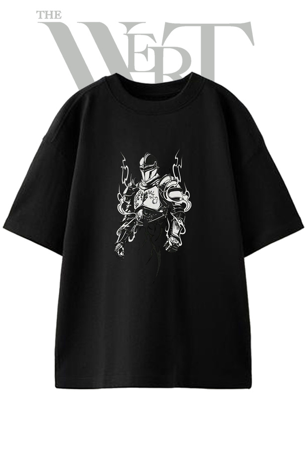 Tribal Knight Design Printed Unisex Black Oversize T-Shirt