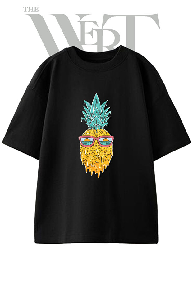 Pineapple Melting Sunglasses Design Printed Unisex Black Oversize T-Shirt
