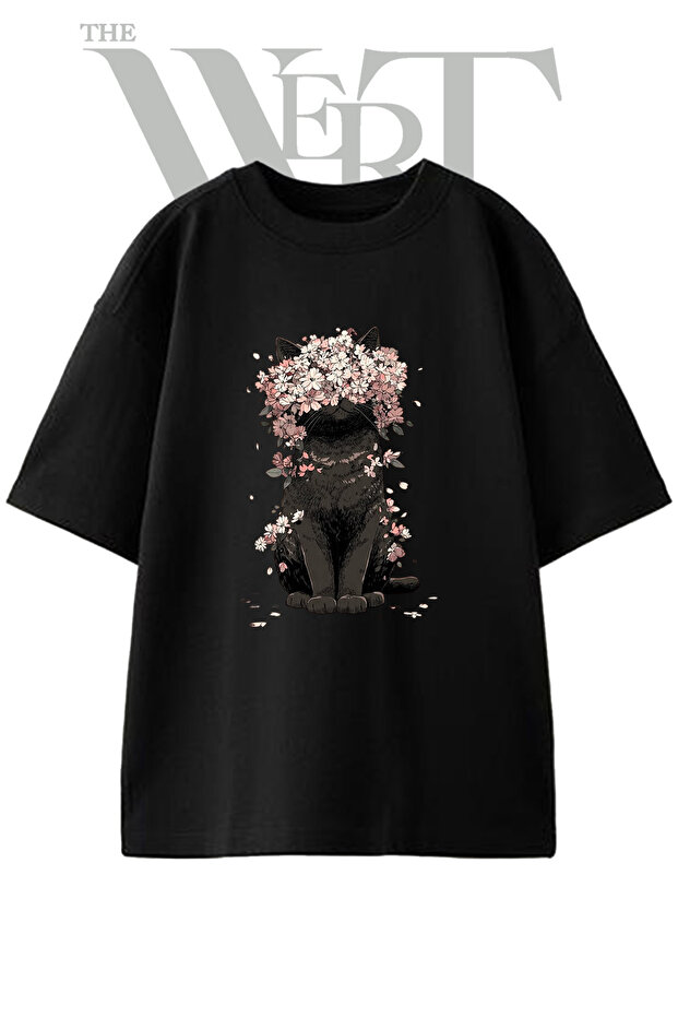 Black Cat Sakura Design Printed Unisex Black Oversize T-Shirt