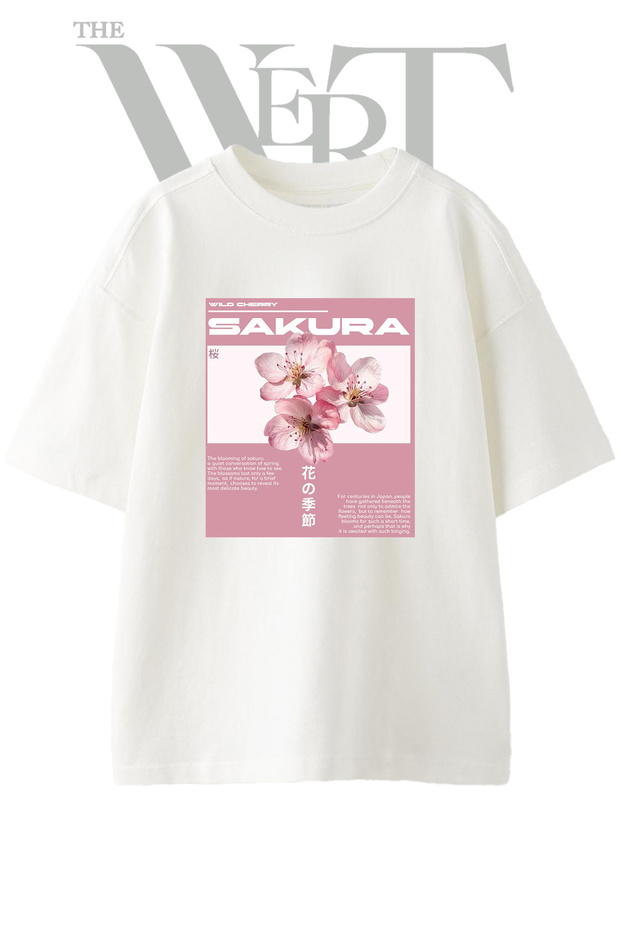 Pink Sakura Design Printed Unisex White Oversize T-Shirt