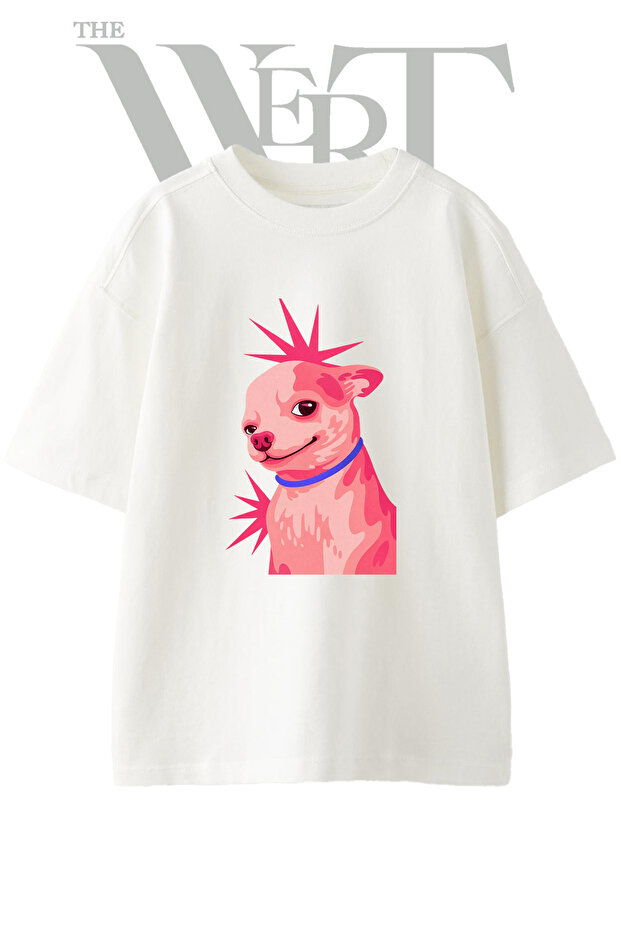 Chihuahua Punk Design Printed Unisex White Oversize T-Shirt