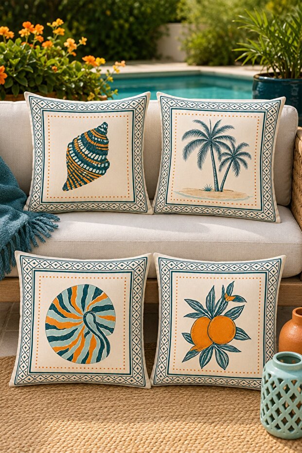 Framed Objects Patterned 4-Piece Throw Pillow Cover Set