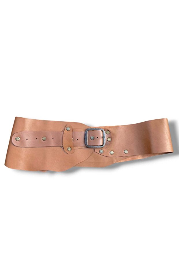 Women's Tan Genuine Leather Belt - Odette Handmade Studded Design