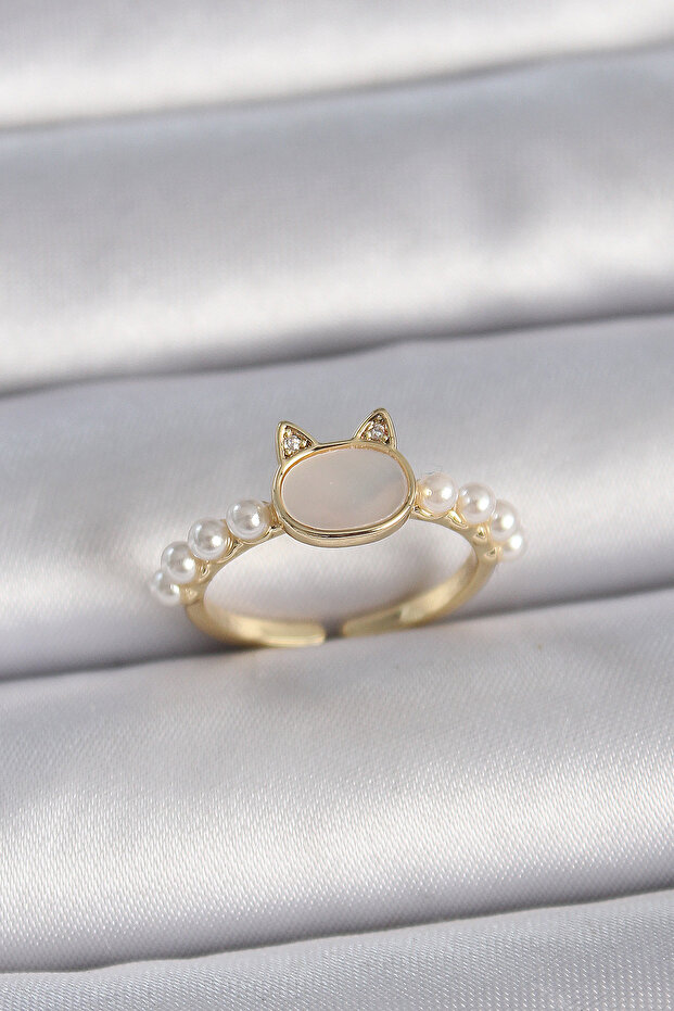 Brass Gold Color Adjustable White Enameled Cat Model Pearl Detail Women's Ring