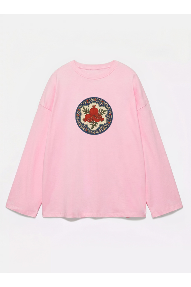 100% Cotton Oversize Fit Pomegranate Motif Printed - Crew Neck Long Sleeve T-Shirt