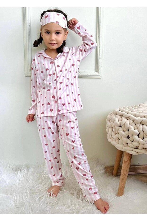Heart Striped Patterned Cotton Front Buttoned Eye Banded Long Sleeve Pajama Set 9026