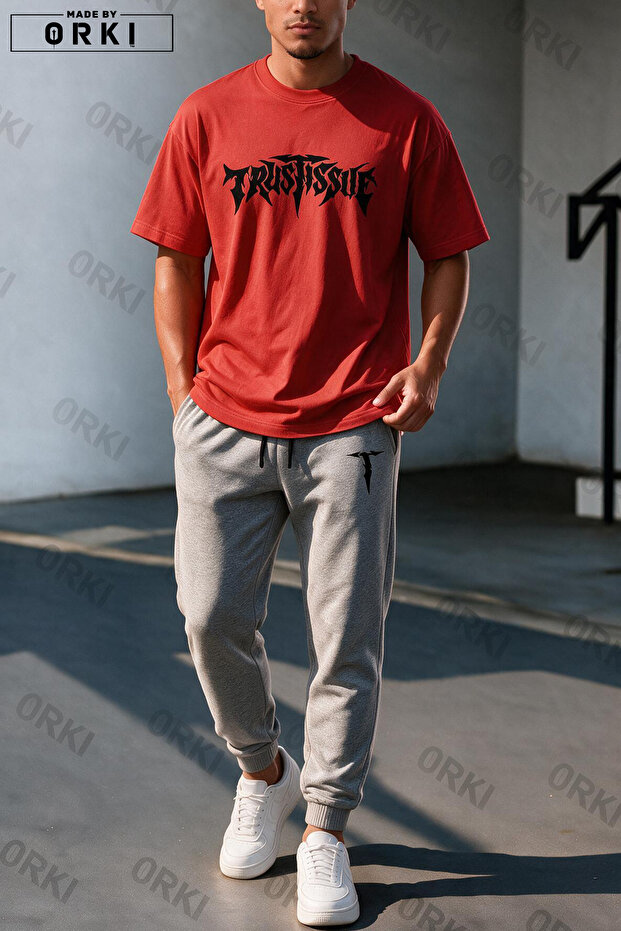 Trust Problem Printed Oversized Unisex T-Shirt Gray Jogger Sweatpants Set