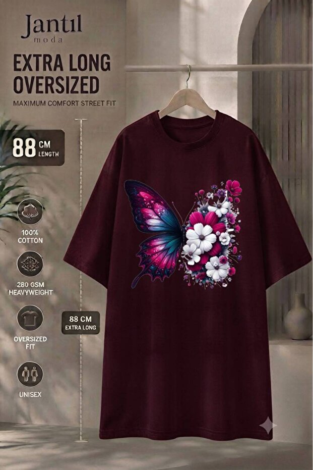 Crew Neck Butterfly and Floral Composition Printed Extra Long Oversize Tunic T-Shirt Short Sleeve