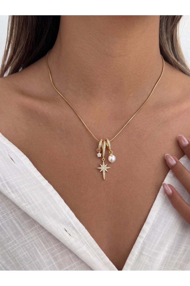 Women's Gold Color Stone and Pearl North Star Steel Necklace