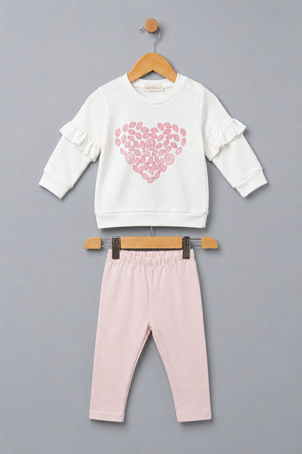 Heart Printed Ruffled Sleeves Baby Girl Kids Two Threaded Bottom Top Set
