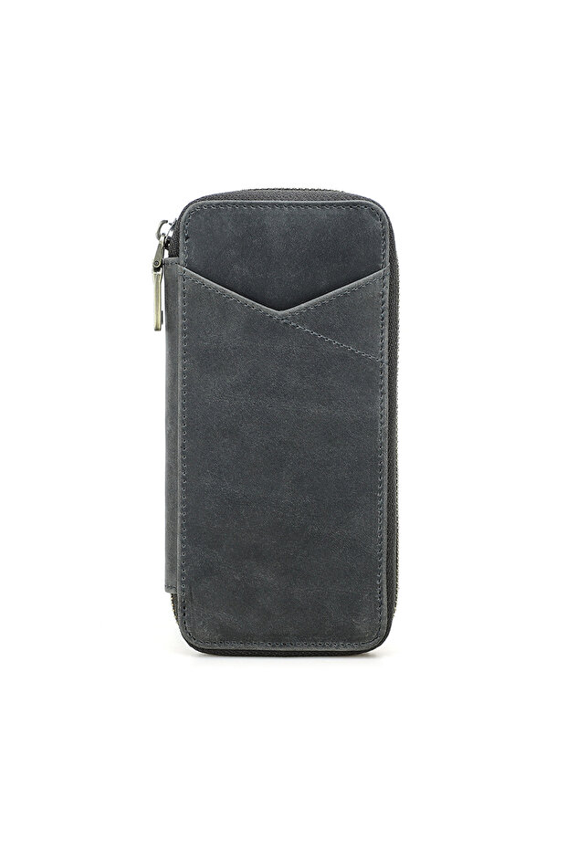 gray Handmade Genuine Leather Pencil Case with 4 Slots Handmade Multifunctional Zipper Fountain Pen