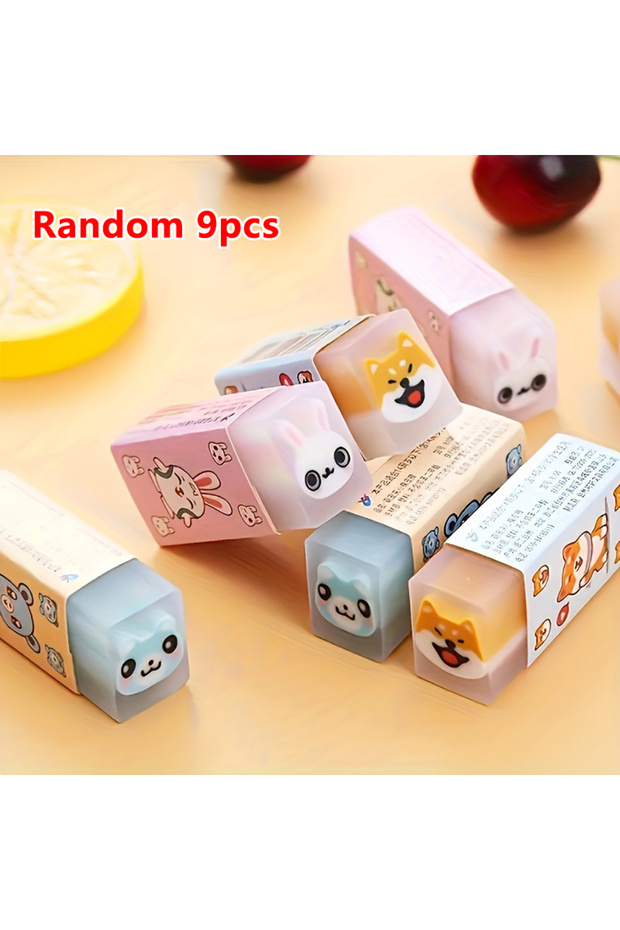 Random 9pcs 3/6/9pcs Kawaii Animal Themed Square Eraser | Cartoon Desktop Pet Design Fun Pencil Eras