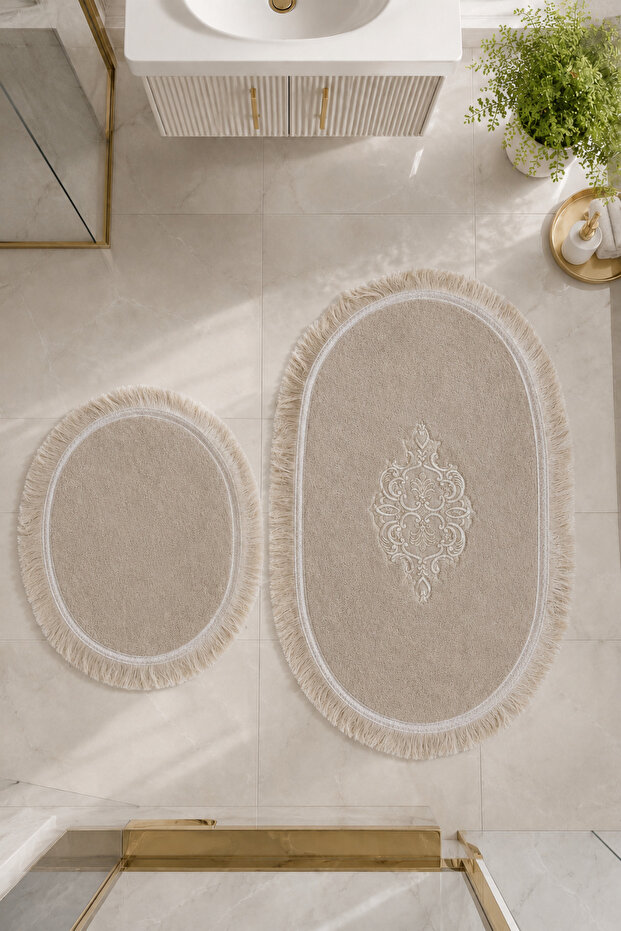 Lacy 2-Piece Non-Slip Leather-Based Oval Bath Mat with Tassels, Washable Bath Set Simela