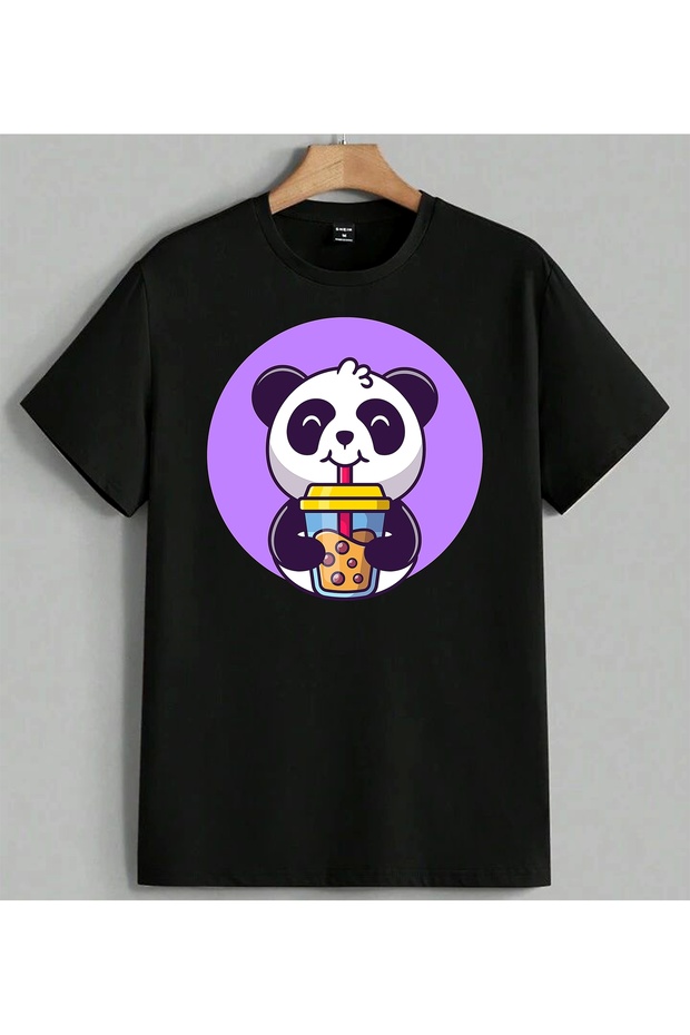 Panda Drink Bubble Tea Printed Unisex Oversize T-Shirt Black