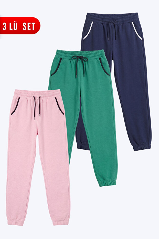 3-Piece Girls' Pocket Piping Detailed Elastic Cuffed Plain Unprinted Sweatpants