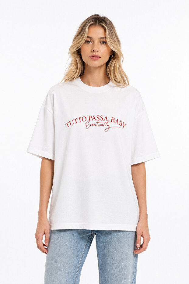 Unisex Women's Men's Tutto Passa Baby Writing Printed Front Oversize Thick Fabric Relaxed Cut T-Shirt