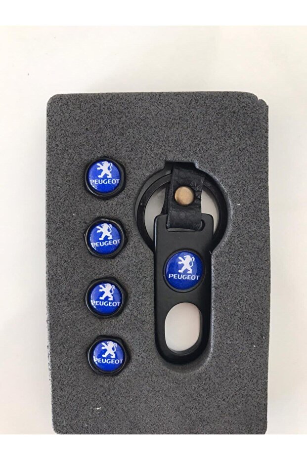4 Metal Valve Caps with Peugeot Logo and 1 Keychain